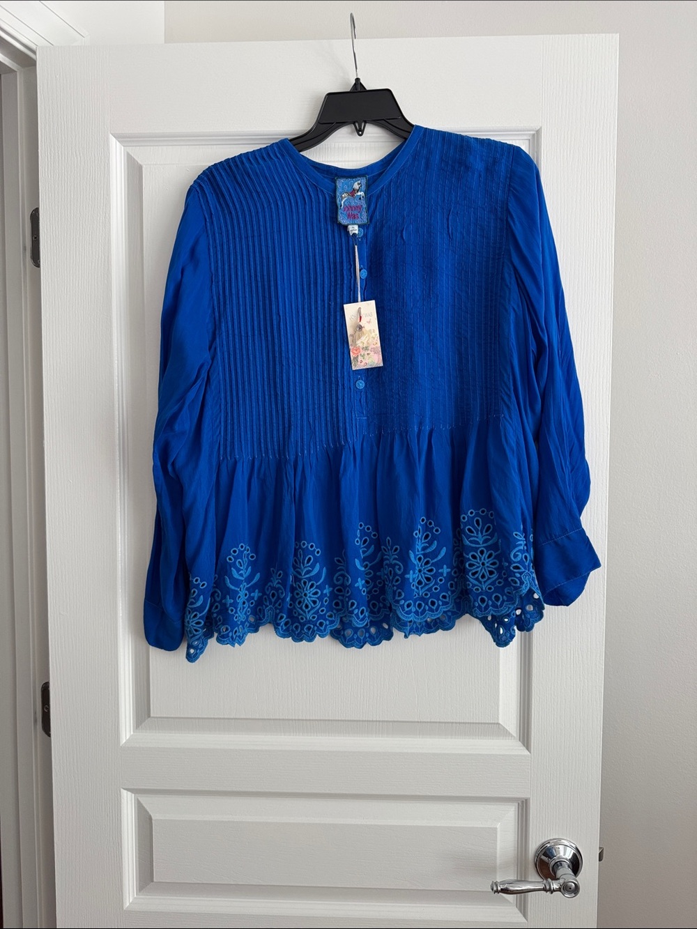 Johnny Was Royal Blue Eyelet Pintuck Peplum Blouse